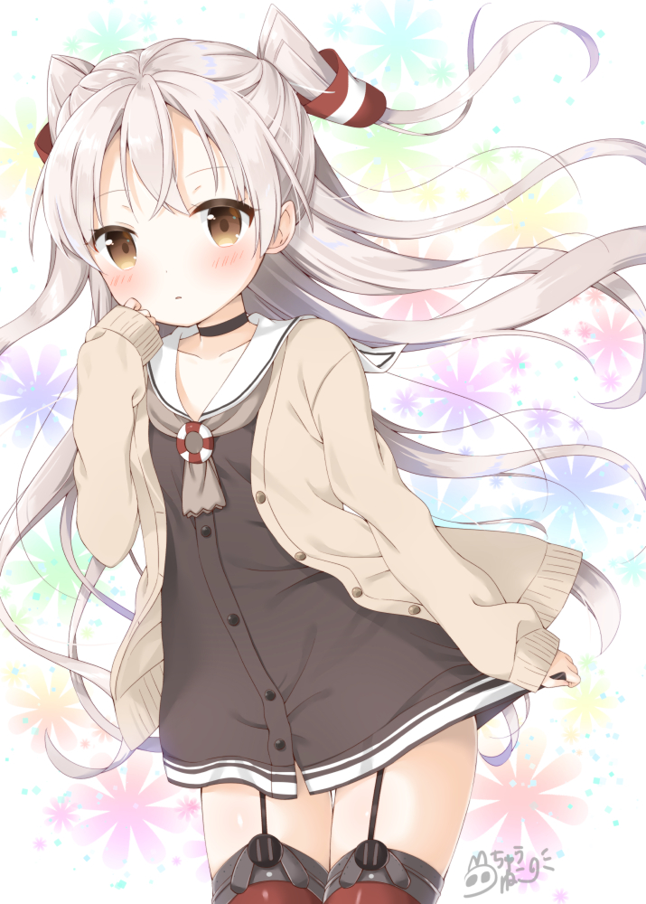 1girl amatsukaze_(kantai_collection) bangs black_neckwear blush brown_dress brown_eyes cardigan choker collarbone commentary_request dress eyebrows_visible_through_hair floral_background garter_straps hair_tubes hand_to_own_mouth hand_up kantai_collection lifebuoy long_hair long_sleeves looking_at_viewer open_cardigan open_clothes parted_lips red_legwear sailor_dress short_dress sidelocks signature silver_hair skirt_hold sleeves_past_wrists solo standing thigh-highs two_side_up uchuuneko very_long_hair windsock