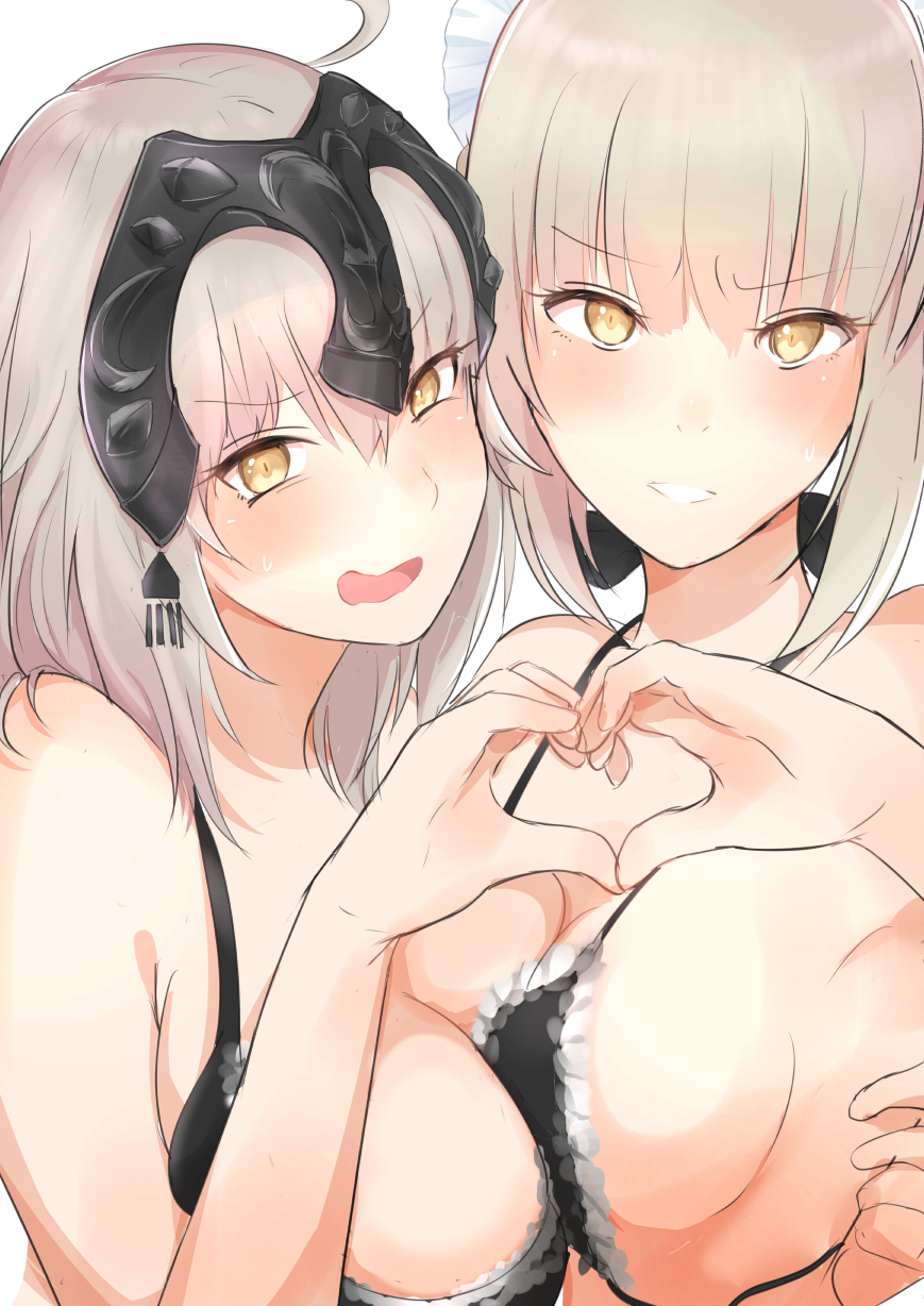 &gt;:d 14sai_bishoujo_(shoutarou) 2girls :d ahoge annoyed armpits artoria_pendragon_(all) bangs bare_arms bare_shoulders black_bikini_top blush breast_press breasts cleavage clenched_teeth commentary_request constricted_pupils eyebrows_visible_through_hair eyelashes eyes_visible_through_hair fate/grand_order fate_(series) frilled_bikini_top hair_between_eyes hand_on_another's_back hand_up hands_up head_tilt headpiece heart heart_hands heart_hands_duo highres jeanne_alter large_breasts light_brown_hair looking_at_viewer maid_headdress medium_breasts multiple_girls open_mouth raised_eyebrows ruler_(fate/apocrypha) saber_alter short_hair sideboob simple_background sketch slit_pupils smile sweatdrop symmetrical_docking teeth wavy_mouth white_background yellow_eyes