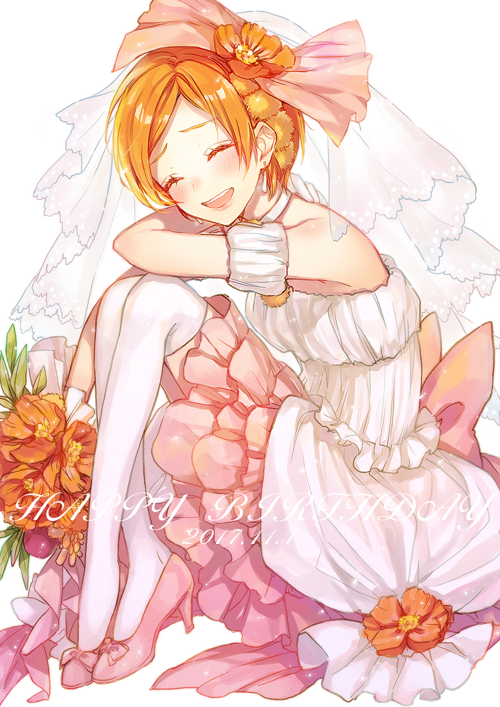 1girl ^_^ armband blush bouquet bow bridal_veil closed_eyes crossed_ankles dated dress earrings elbow_on_knee flower frilled_armband frills hair_bow hair_flower hair_ornament happy_birthday high_heels highres holding holding_bouquet hoshizora_rin jewelry knees_up layered_dress love_live! love_live!_school_idol_project love_wing_bell open_mouth orange_hair over-kneehighs pink_footwear sash short_hair simple_background sitting smile solo sudach_koppe thigh-highs veil white_background white_legwear