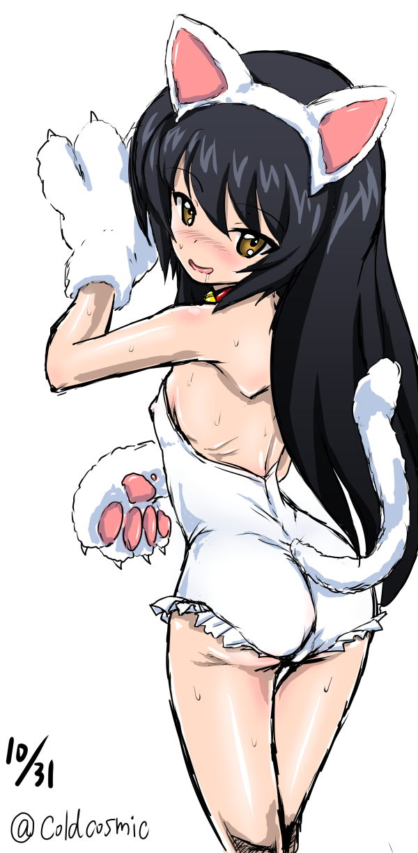 1girl animal_costume animal_ears ass bangs bell bell_collar black_hair brown_eyes cat_costume cat_ears cat_tail collar cowboy_shot dated erect_nipples eyebrows_visible_through_hair fake_animal_ears frilled_leotard frills girls_und_panzer gloves highres leotard looking_at_viewer looking_back loriko parted_lips paw_gloves paws reizei_mako saliva short_hair simple_background sketch smile solo standing strapless strapless_leotard sweat tail twitter_username white_background white_legwear white_leotard