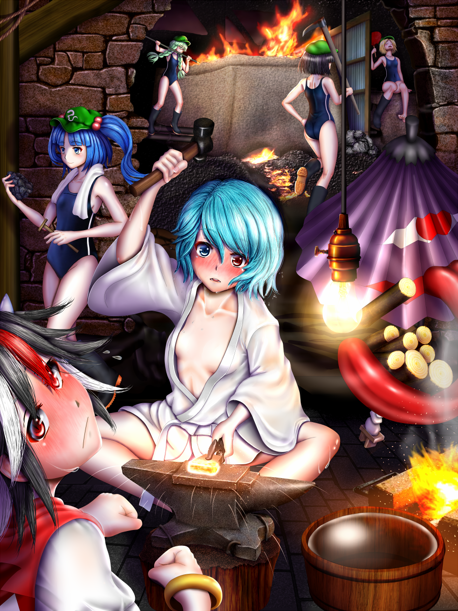 6+girls anvil arm_up ass bangle bare_arms bare_legs black_hair black_legwear blacksmith blonde_hair blue_eyes blue_hair blush bracelet breasts bucket clenched_hands coal collarbone commentary_request dark_haired_kappa fan fire glasses_kappa green_hat hair_bobbles hair_ornament hair_tie_kappa hammer hat heterochromia highres holding horns indoors jewelry kappa_mob kawashiro_nitori kijin_seija kneehighs light_bulb log long_hair multicolored_hair multiple_girls naked_robe pickaxe red_eyes redhead redoredo_(godprogress) robe school_swimsuit short_hair single_kneehigh sitting small_breasts sparks streaked_hair swimsuit tatara_kogasa tongue touhou two_side_up umbrella water white_hair white_robe