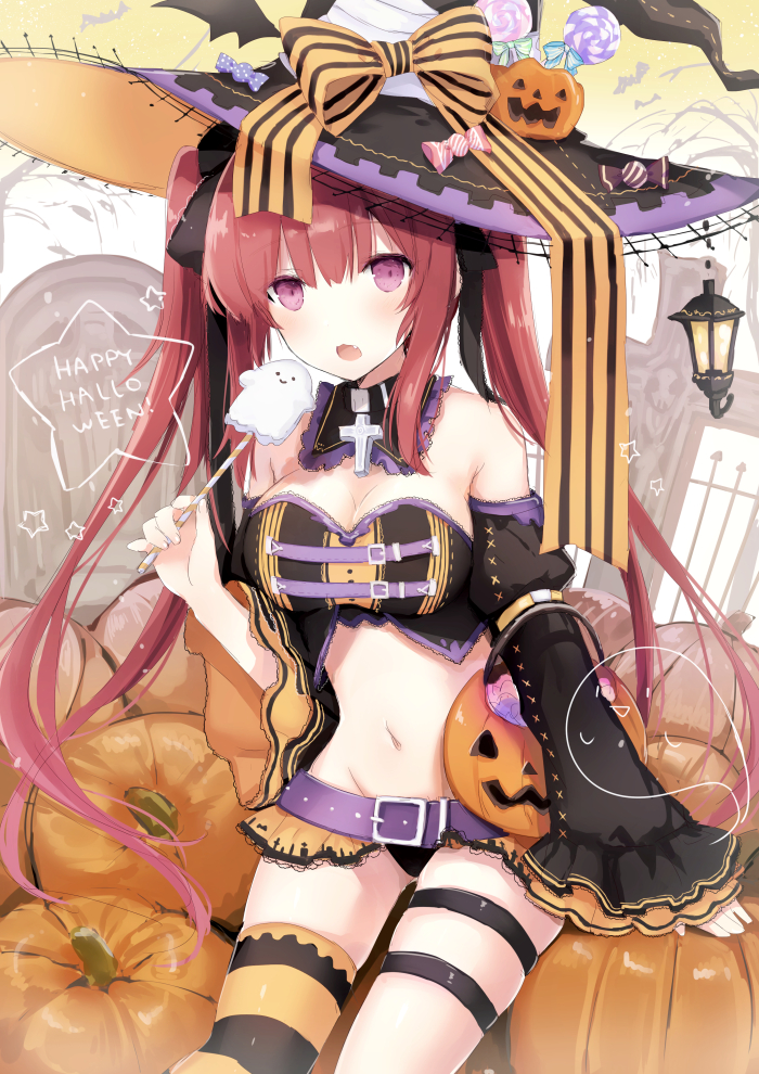 1girl :3 :d arm_support asymmetrical_legwear bare_shoulders bare_tree bat bat_wings belt_buckle black_collar black_hat black_panties black_sleeves breasts buckle candy candy_wrapper cleavage commentary_request cross detached_collar detached_sleeves fang fingernails food ghost groin halloween_basket happy_halloween hat hat_ribbon holding holding_lollipop lantern large_breasts latin_cross lollipop long_hair long_sleeves looking_at_viewer microskirt navel open_mouth orange_skirt original panties pumpkin purple_belt redhead ribbon showgirl_skirt single_thighhigh sitting skirt sleeves_past_wrists smile solo star striped striped_legwear striped_ribbon suzumori_uina swirl_lollipop thigh-highs tombstone tree twintails underwear very_long_hair violet_eyes wide_sleeves wings witch_hat