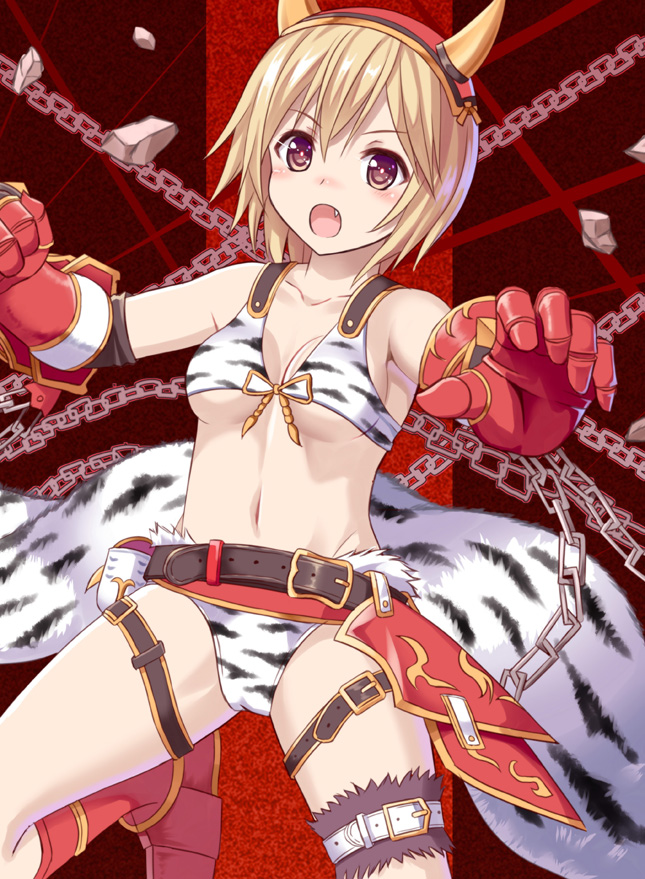 &gt;:o 1girl :o alternate_costume bangs belt blonde_hair blush boots breasts brown_eyes chains collarbone debris djeeta_(granblue_fantasy) fake_horns fang front-tie_bikini front-tie_top fur_trim gauntlets granblue_fantasy hair_between_eyes hairband horns leg_up legs_apart looking_at_viewer midriff navel open_mouth outstretched_hand panties print_panties red_background red_footwear revision short_hair sleeveless small_breasts solo stomach thigh_strap tiger_stripes tsukino_neru under_boob underwear white_panties