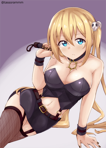 1girl arm_support arm_up bangs bare_shoulders belt_buckle black_nails black_skirt blend_s blonde_hair blue_eyes blush brown_belt buckle closed_mouth commentary_request eyebrows_visible_through_hair fingernails fishnet_legwear fishnets garter_straps hair_between_eyes hair_ornament hinata_kaho holding holding_whip leaning_to_the_side long_hair looking_at_viewer midriff miniskirt nail_polish navel purple_background sidelocks simple_background skirt skull_hair_ornament solo strapless tasora thigh-highs twintails twitter_username very_long_hair whip wrist_cuffs