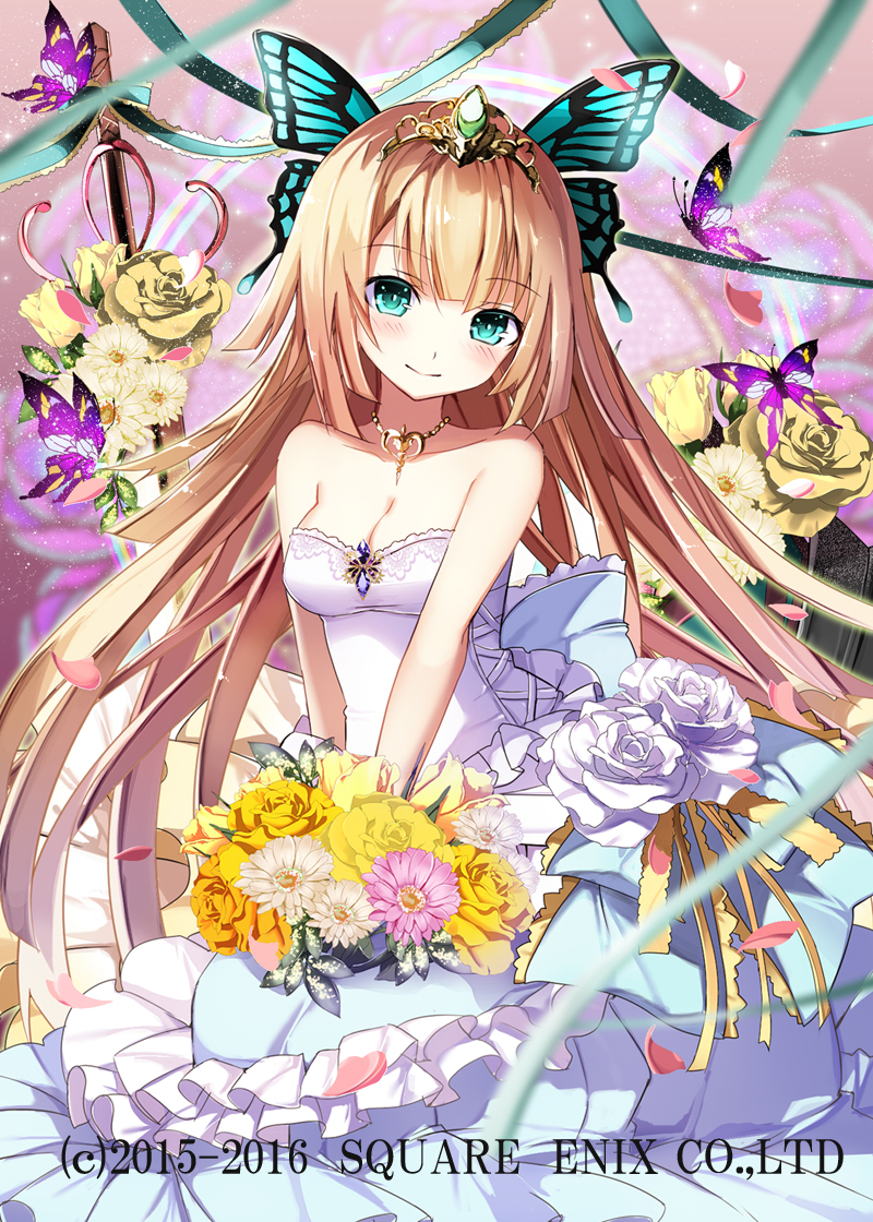 1girl bangs bare_arms bare_shoulders blonde_hair blunt_bangs blush bouquet butterfly butterfly_hair_ornament closed_mouth diadem dress eyebrows_visible_through_hair flower gem green_eyes hair_ornament happy head_tilt holding holding_bouquet jewelry kaku-san-sei_million_arthur kneeling long_hair looking_at_viewer necklace official_art rose smile solo sword very_long_hair watermark weapon wedding_dress yellow_rose yuuki_kira