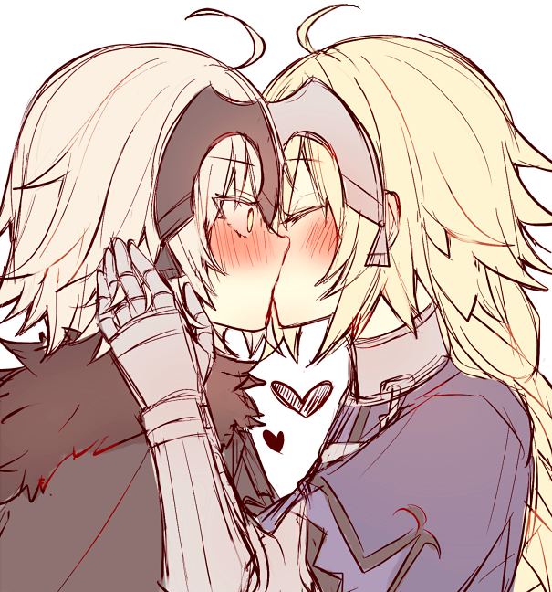 2girls ahoge blonde_hair closed_eyes commentary dual_persona fate/grand_order fate_(series) from_side fur_trim gauntlets headpiece jeanne_alter kiss kvlen long_braid multiple_girls profile ruler_(fate/apocrypha) short_hair sketch white_background yellow_eyes yuri