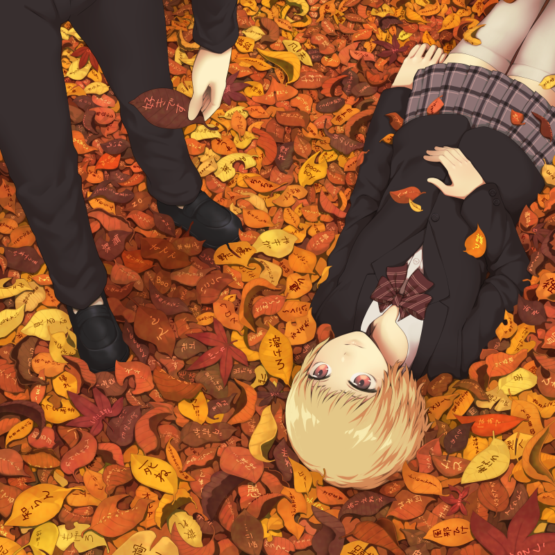 1boy 1girl autumn_leaves black_footwear black_jacket black_pants blonde_hair checkered checkered_skirt closed_mouth commentary_request forest grey_legwear head_out_of_frame jacket leaf long_sleeves looking_at_another looking_up lying maple_leaf nature neck_ribbon on_back original pants pleated_skirt red_eyes red_neckwear red_ribbon ribbon school_uniform shirt shoes short_hair skirt smile thigh-highs white_shirt yajirushi_(chanoma)