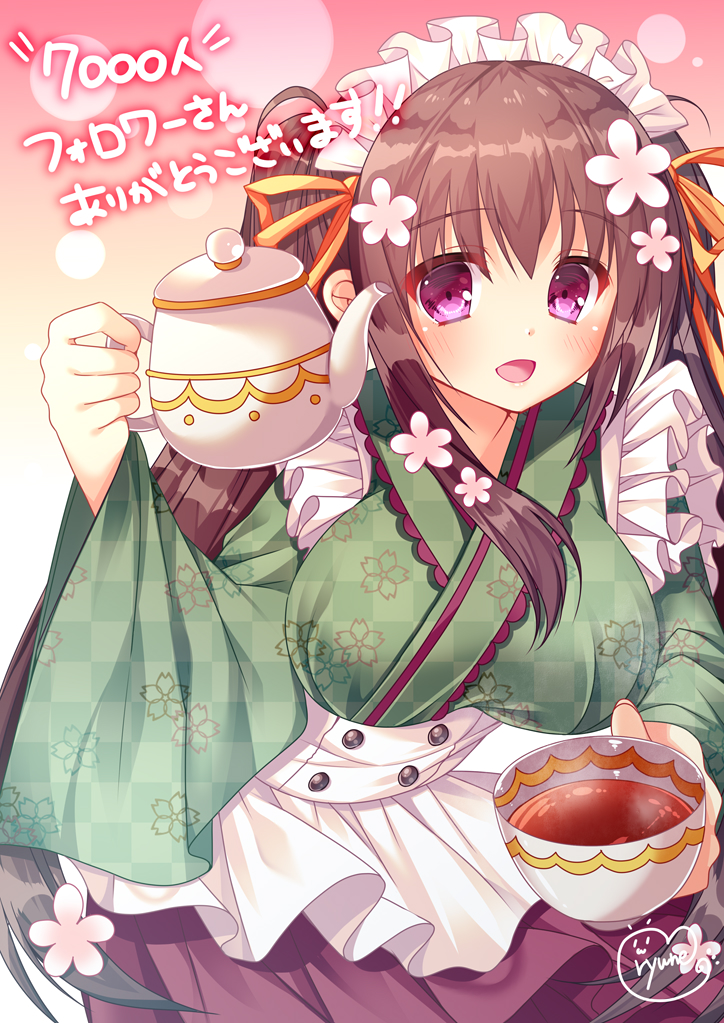 1girl :d apron brown_hair commentary_request cup fujikura_ryuune holding leaning_forward long_hair looking_at_viewer maid_apron maid_headdress open_mouth original smile solo teacup teapot translation_request violet_eyes wa_maid