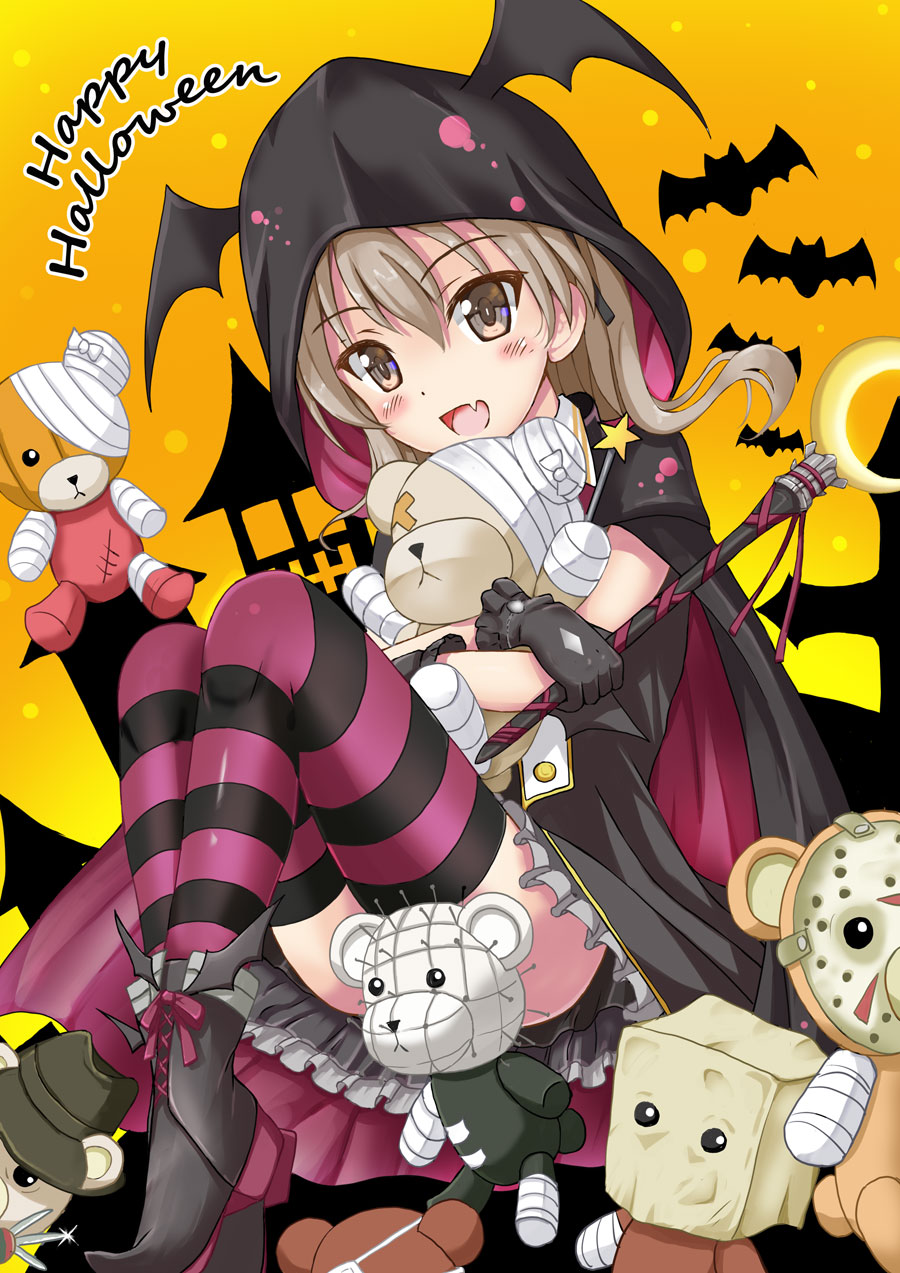 1girl animal_print ankle_boots bangs bat_print black_cape black_dress black_footwear black_gloves boko_(girls_und_panzer) boots brown_eyes cape cast commentary cosplay dress eyebrows_visible_through_hair fang flipper frankenstein's_monster frankenstein's_monster_(cosplay) freddy_krueger freddy_krueger_(cosplay) frilled_dress frills full_body girls_und_panzer gloves halloween_costume happy_halloween head_wings highres holding holding_wand hood jason_voorhees jason_voorhees_(cosplay) light_brown_hair long_hair looking_at_viewer open_mouth pinhead pinhead_(cosplay) purple_legwear shimada_arisu short_dress sitting smile solo striped striped_legwear stuffed_animal stuffed_toy teddy_bear thigh-highs wand