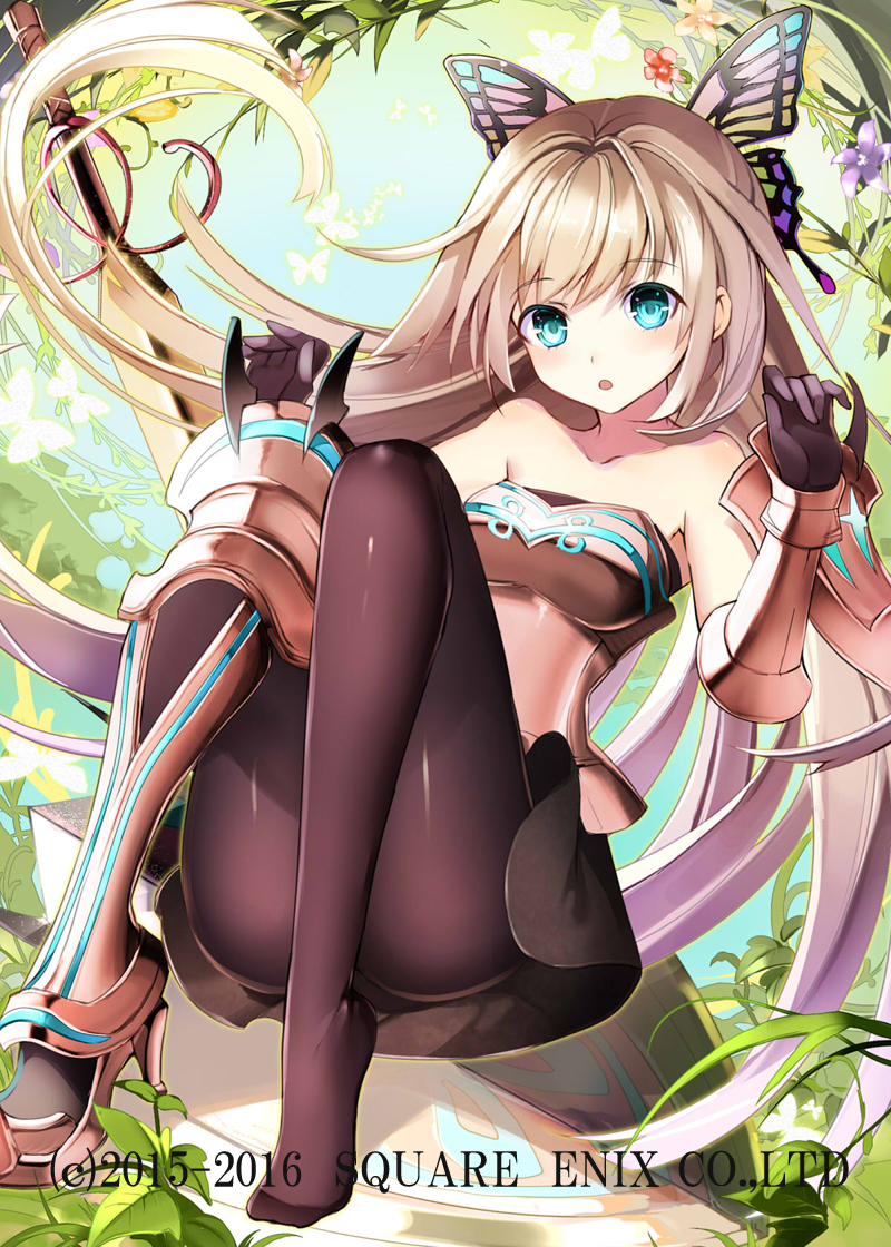 1girl :o armor bangs bare_shoulders black_gloves black_legwear blonde_hair blue_sky boobplate boots butterfly_hair_ornament day elbow_gloves eyebrows_visible_through_hair feet gloves green_eyes hair_ornament high_heel_boots high_heels kaku-san-sei_million_arthur long_hair looking_at_viewer official_art outdoors pantyhose parted_lips single_boot single_shoe single_vambrace sky solo vambraces watermark yuuki_kira