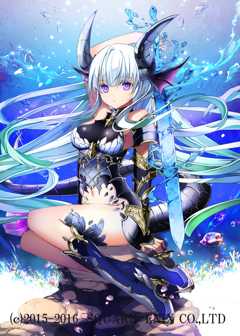 1girl animal_ears arm_support arm_up armor bad_id bad_pixiv_id bangs bare_shoulders black_dress blue_footwear blue_hair blunt_bangs boots breasts closed_mouth coral day dress eyebrows_visible_through_hair fish head_fins high_heel_boots high_heels holding holding_sword holding_weapon horns kaku-san-sei_million_arthur legs_together long_hair looking_at_viewer medium_breasts navel official_art rock single_vambrace sitting solo submerged sword tail underwater vambraces very_long_hair violet_eyes watermark weapon yuuki_kira