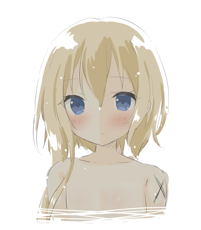 1girl arms_at_sides bangs blonde_hair blue_eyes blush closed_mouth collarbone eyebrows_visible_through_hair hair_between_eyes long_hair looking_at_viewer nude original partially_submerged simple_background solo tareme tia-chan uchuuneko upper_body water wet wet_hair white_background
