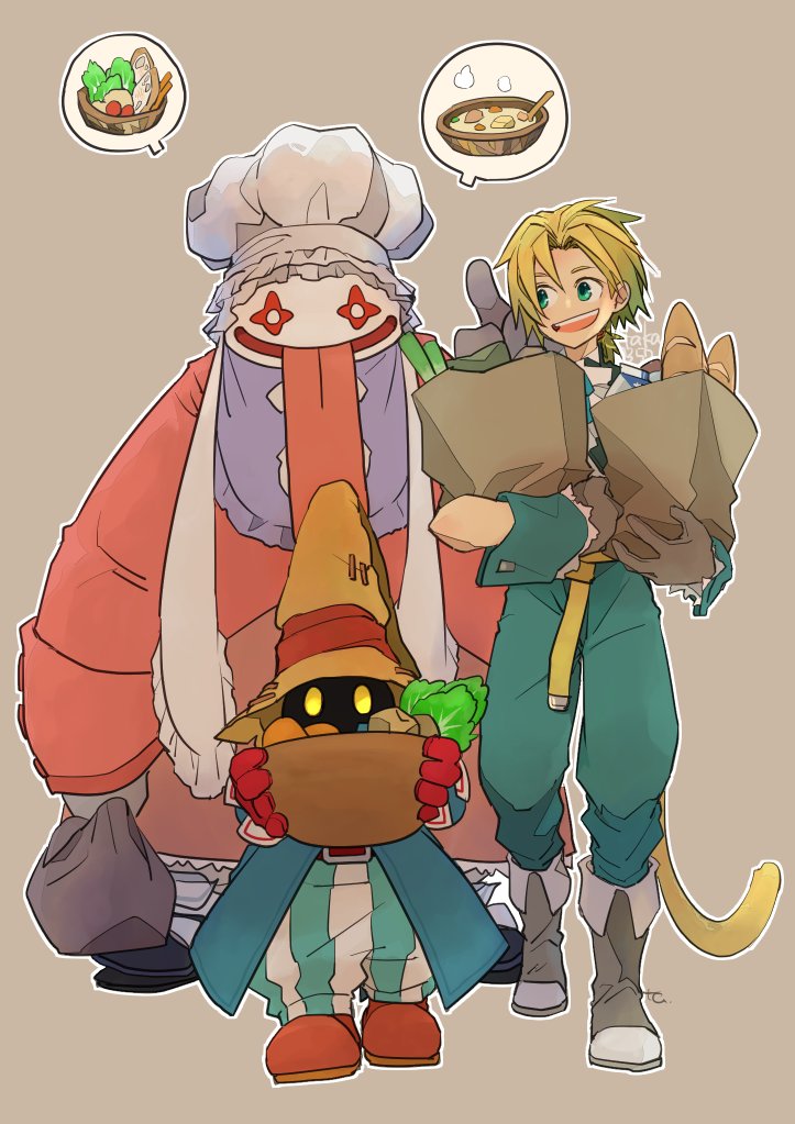 1other 2boys artist_name bag baguette belt_buckle bib black_mage blonde_hair blue_coat boots bowl bread buckle chef_hat coat final_fantasy final_fantasy_ix food full_body gloves green_pants grey_background grey_footwear grey_gloves groceries grocery_bag hat holding holding_bag holding_bowl male_focus monkey_tail multiple_boys open_mouth pants parted_bangs pink_coat quina_quen red_footwear red_gloves salad shopping_bag short_hair smile soup spoken_food spring_onion striped striped_pants tail takase_toho tongue tongue_out vivi_ornitier walking wizard_hat wrist_cuffs yellow_eyes zidane_tribal