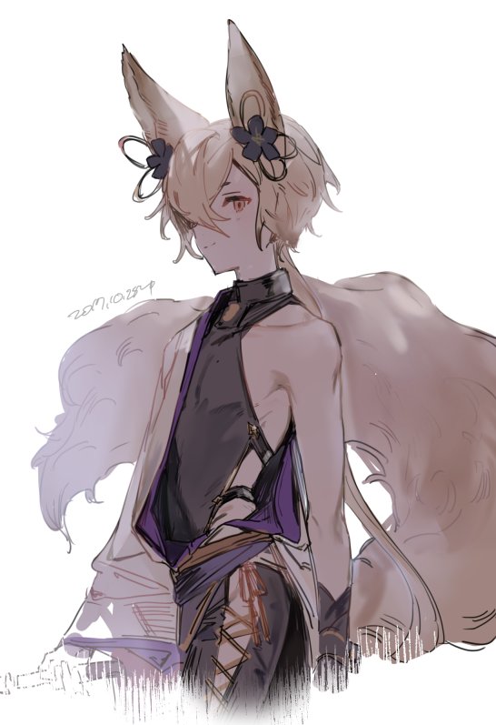 1boy animal_ears backless_outfit erun_(granblue_fantasy) fox_ears fox_tail granblue_fantasy hair_ornament kou_(granblue_fantasy) long_hair male_focus red_eyes side-tie_legwear smile tail yuuhi_homare