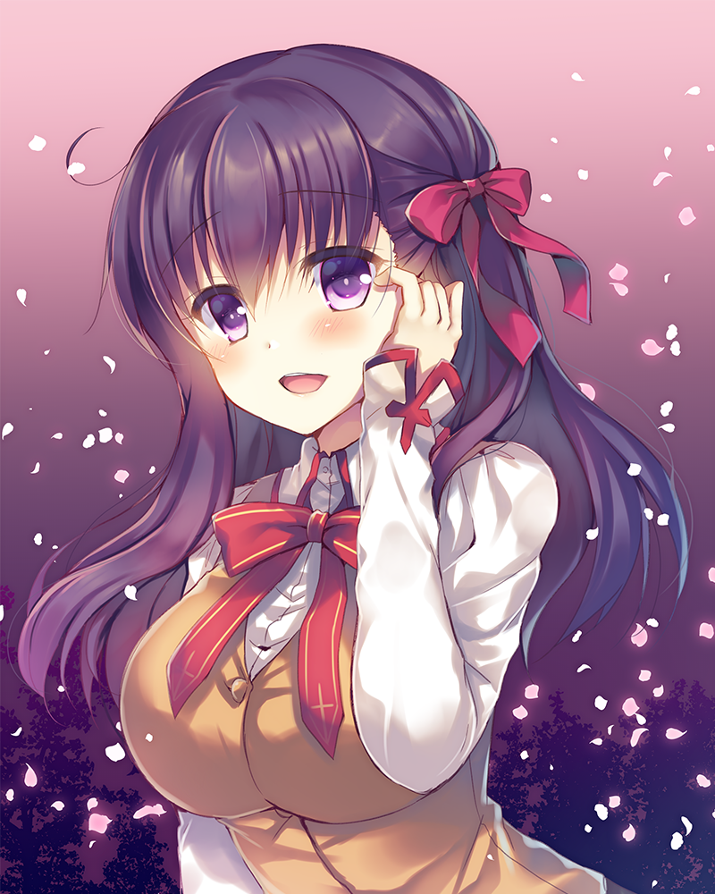 1girl :d adjusting_hair ahoge bangs blush bow bowtie breasts brown_vest eyebrows_visible_through_hair fate/stay_night fate_(series) gradient gradient_background hair_bow hand_up large_breasts long_hair long_sleeves looking_at_viewer matou_sakura open_mouth petals purple_background purple_hair red_bow red_neckwear school_uniform shirt smile solo suzune_rena tareme upper_body vest violet_eyes white_shirt wing_collar
