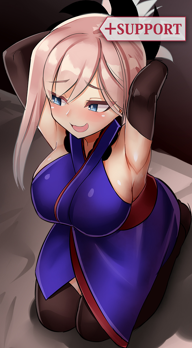 1girl armpits arms_up asymmetrical_hair black_legwear blonde_hair blue_eyes blush breasts elbow_gloves fate/grand_order fate_(series) full_body gloves grey_hair highres indoors japanese_clothes kimono large_breasts looking_to_the_side miyamoto_musashi_(fate/grand_order) nervous_smile open_mouth over-kneehighs platinum_blonde ponytail purple_kimono seiza sideboob sin_(kami148) sitting sleeveless sleeveless_kimono smile solo thigh-highs tsurime