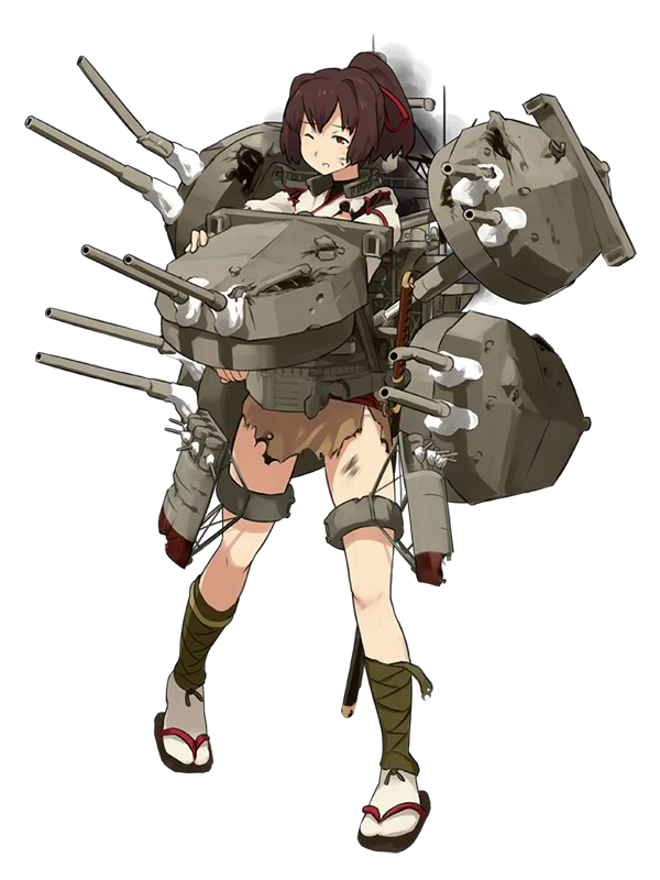 1girl brown_eyes brown_hair damaged hair_ribbon high_ponytail ise_(kantai_collection) kantai_collection katana leg_wraps long_hair looking_to_the_side official_art one_eye_closed open_mouth ponytail red_ribbon ribbon rigging sandals sheath sheathed shibafu_(glock23) skirt smoke solo soot sword tabi torn_clothes transparent_background turret weapon wince
