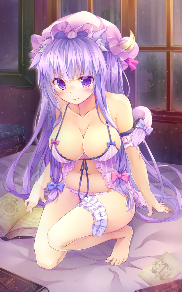1girl animal_ears babydoll bangs bare_arms bare_legs bare_shoulders barefoot blue_bow book book_stack bow breasts cat_ears cat_tail check_commentary cleavage collarbone commentary commentary_request crescent crescent_hair_ornament feet fingernails front-tie_top hair_bow hair_ornament hat indoors kemonomimi_mode kinokomushi large_breasts leg_garter lingerie long_hair looking_at_viewer mob_cap navel one_knee panties patchouli_knowledge pink_bow purple_babydoll purple_bow purple_garter purple_hair purple_hat purple_panties solo striped tail tail_bow thigh_strap toenails toes touhou underwear vertical-striped_babydoll vertical_stripes very_long_hair violet_eyes window