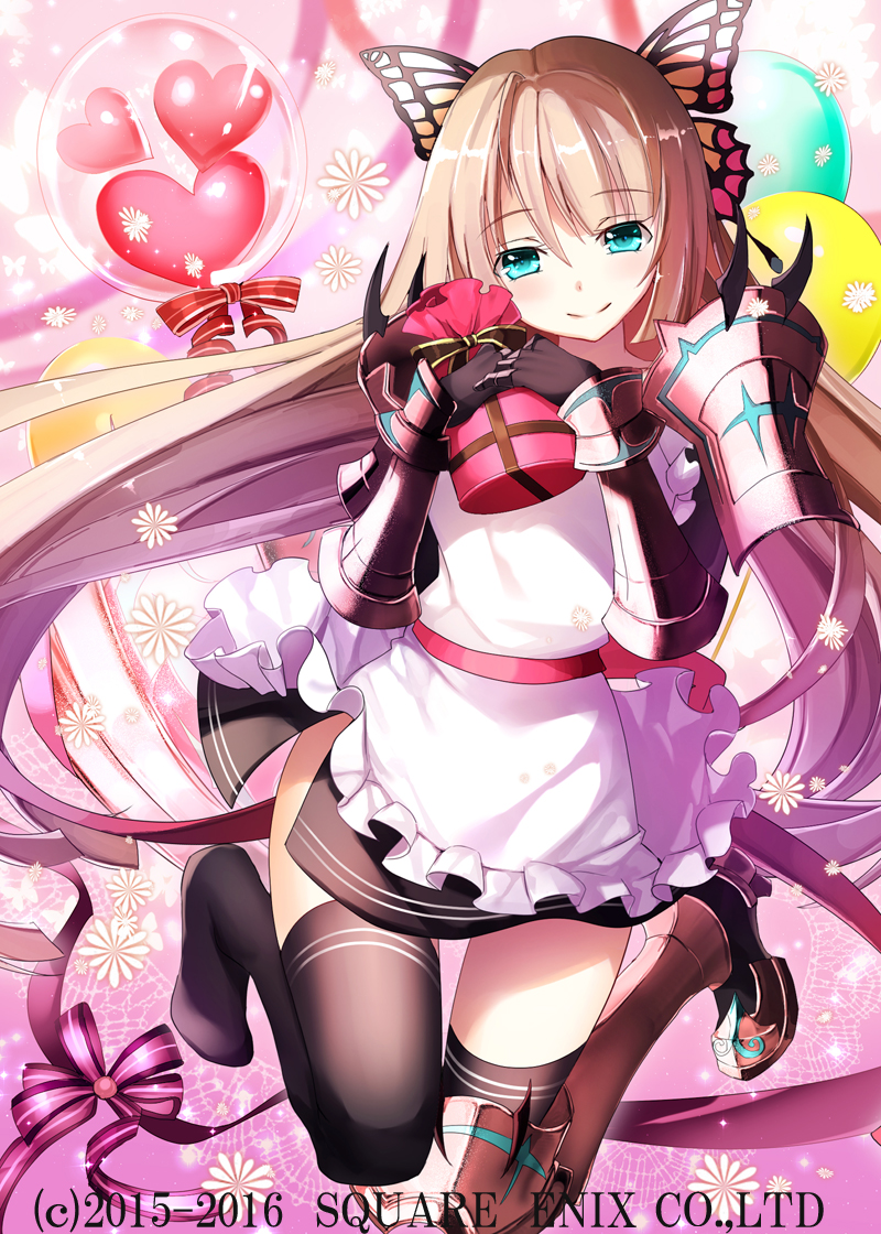 1girl apron armor bangs black_legwear blush boots brown_hair butterfly_hair_ornament eyebrows_visible_through_hair floral_background full_body gauntlets gluteal_fold hair_ornament heart kaku-san-sei_million_arthur long_hair no_shoes official_art pink_background single_boot smile solo thigh-highs thigh_boots very_long_hair watermark yuuki_kira