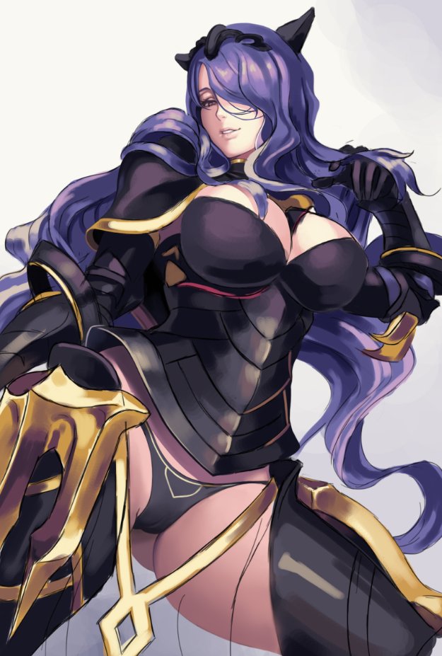 1girl armor black_armor black_panties breasts camilla_(fire_emblem_if) capelet cleavage dantewontdie fire_emblem fire_emblem_if gauntlets gradient gradient_background hair_over_one_eye large_breasts lips long_hair looking_at_viewer panties parted_lips purple_hair simple_background smile solo thigh-highs tiara underwear very_long_hair violet_eyes