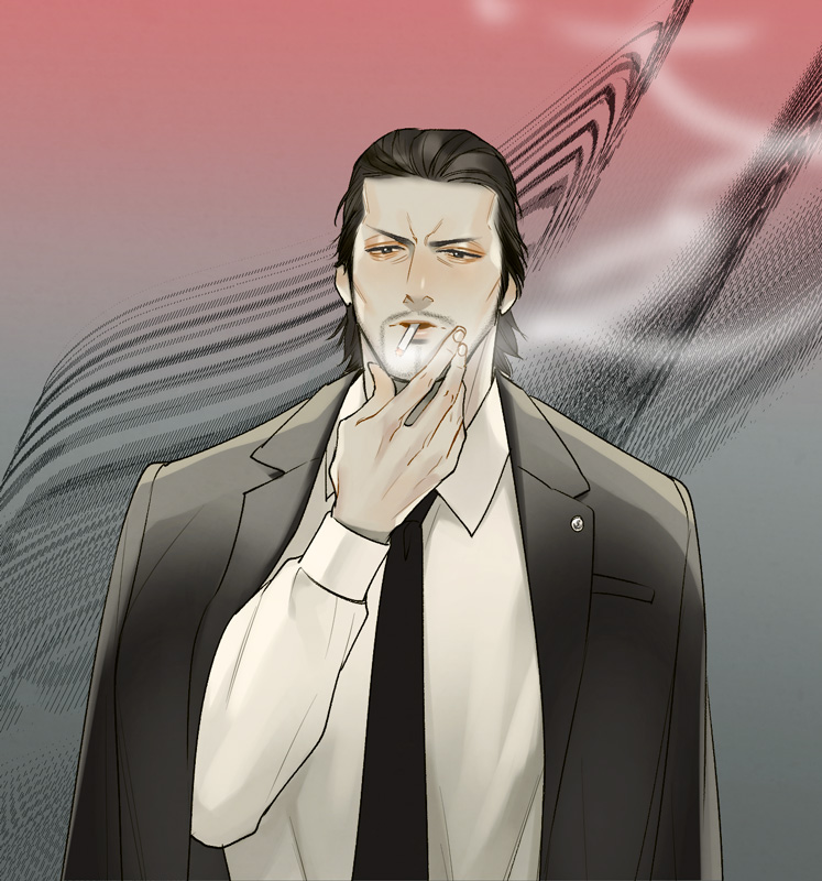 1boy beard black_hair black_neckwear cigarette doujima_daigo dress_shirt facial_hair hair_slicked_back hand_on_own_chin jacket_on_shoulders male_focus matsu_(bandan) necktie ryuu_ga_gotoku shirt smoking solo suit_jacket