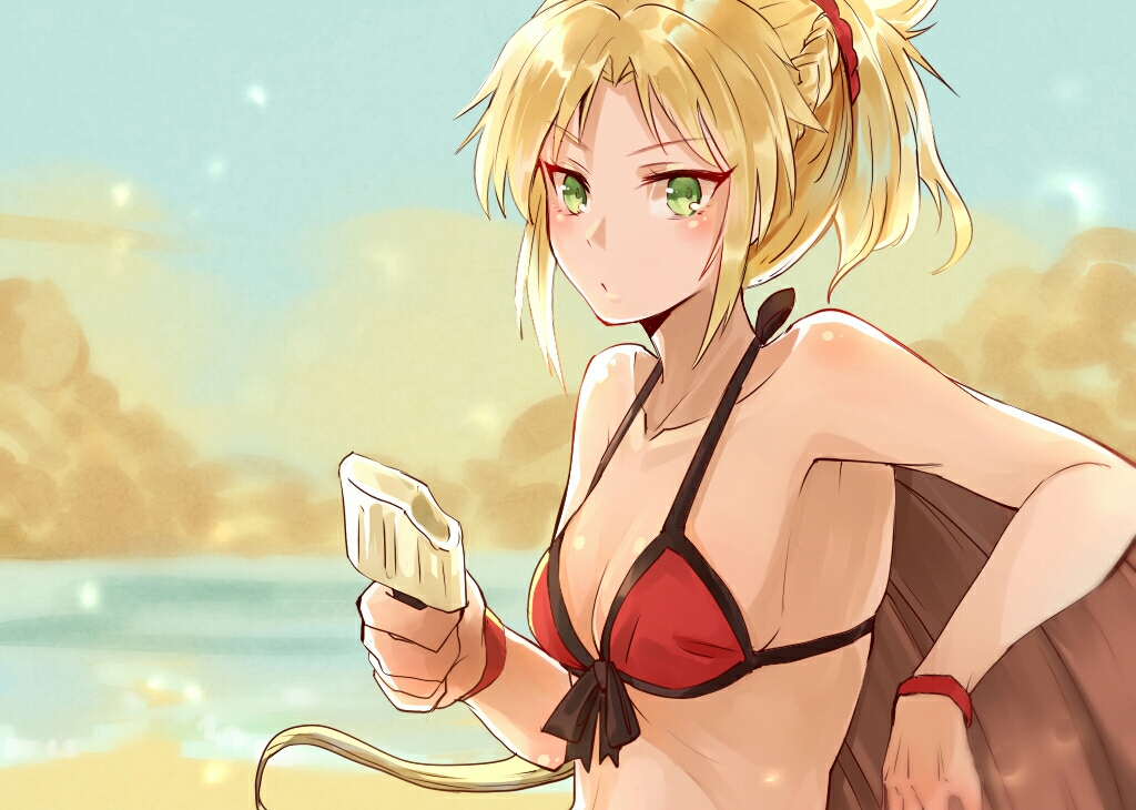 1girl aili_(aliceandoz) bikini blonde_hair fate/grand_order fate_(series) food green_eyes ice_cream looking_at_viewer ponytail popsicle red_bikini saber_of_red swimsuit upper_body