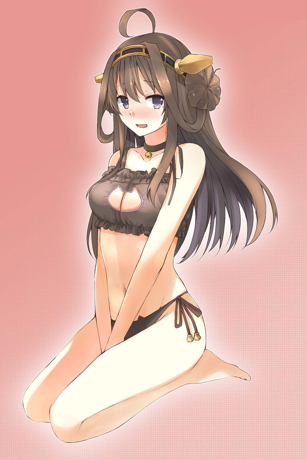 1girl :d ahoge bangs bare_arms bare_legs bare_shoulders barefoot bell bell_choker between_legs black_bra black_neckwear black_panties blush bra brown_hair cat_cutout cat_ear_panties cat_lingerie choker collarbone eyebrows_visible_through_hair frilled_bra frills full_body hair_bun hand_between_legs headgear highres jingle_bell kantai_collection kongou_(kantai_collection) long_hair looking_at_viewer meme_attire myuto_(advent_retribution) navel nose_blush open_mouth own_hands_together panties seiza side-tie_panties sitting smile solo stomach underwear underwear_only v_arms violet_eyes