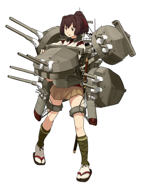 1girl brown_eyes brown_hair hair_ribbon high_ponytail ise_(kantai_collection) kantai_collection katana leg_wraps long_hair looking_to_the_side official_art open_mouth ponytail red_ribbon ribbon rigging sandals sheath sheathed shibafu_(glock23) skirt solo sword tabi transparent_background turret weapon
