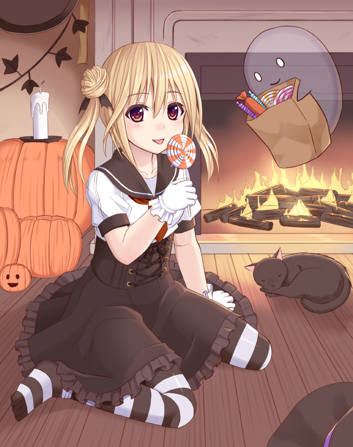 1girl animal arm_support bag bangs black_cat black_hat black_ribbon black_sailor_collar black_skirt blonde_hair blush brown_eyes candle candy carrying cat commentary_request double_bun eyebrows_visible_through_hair fire fireplace food frilled_gloves frilled_skirt frills ghost gloves hair_between_eyes hair_ribbon halloween hat hat_removed headwear_removed holding holding_bag holding_lollipop indoors jack-o'-lantern lollipop long_hair looking_at_viewer no_shoes on_floor original pantyhose paper_bag parted_lips pumpkin revision ribbon sailor_collar sailor_shirt shirt short_sleeves sidelocks sitting skirt smile striped striped_legwear swirl_lollipop tongue tongue_out transparent tsukino_neru twintails wariza white_gloves white_shirt witch_hat wooden_floor