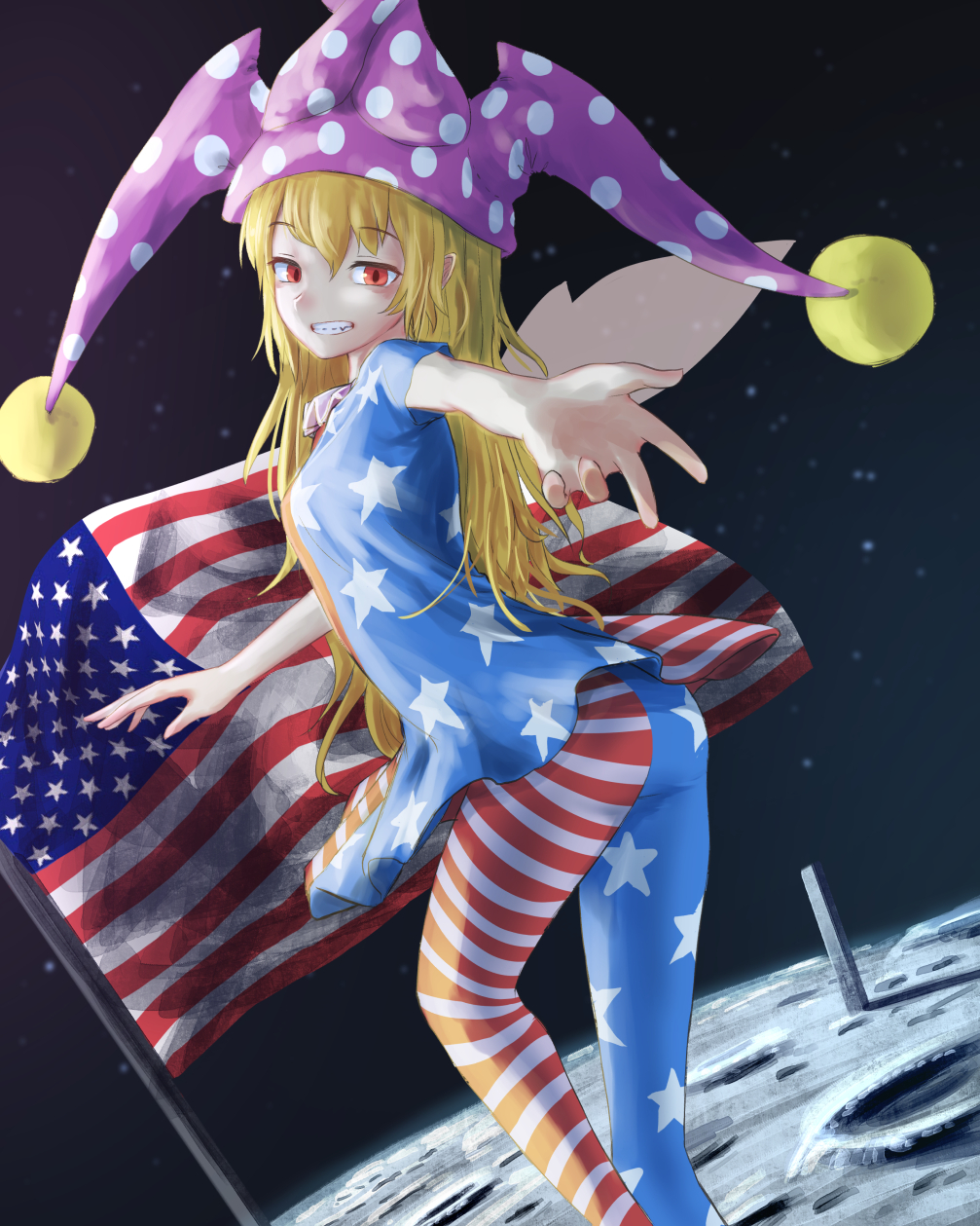 1girl american_flag american_flag_dress american_flag_legwear ass blonde_hair clownpiece dress eyebrows_visible_through_hair fairy_wings flag foreshortening grin hat highres jester_cap long_hair looking_at_viewer moon neck_ruff pantyhose pointy_ears polka_dot purple_hat reaching red_eyes roke_(taikodon) short_dress smile solo space star star_print striped touhou wings