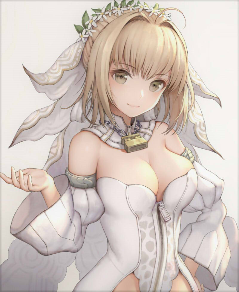 1girl ahoge animal_print bangs bare_shoulders blonde_hair blush breasts bridal_veil chains cleavage closed_mouth detached_collar detached_sleeves fate/extra fate/extra_ccc fate/grand_order fate_(series) flower flower_wreath full-length_zipper grey_background grey_eyes hair_intakes hair_ribbon hand_on_hip hand_up head_tilt head_wreath hisahisahisahisa large_breasts leopard_print leotard light_smile lock looking_at_viewer padlock puffy_sleeves revision ribbon saber_bride saber_extra short_hair_with_long_locks showgirl_skirt sidelocks simple_background skirt smile solo standing strapless strapless_leotard turtleneck veil white_flower white_leotard white_ribbon wide_sleeves zipper zipper_pull_tab