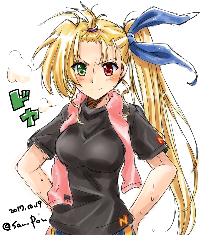 &gt;:) 1girl alternate_hairstyle bangs black_shirt blonde_hair blue_ribbon closed_mouth commentary_request dated green_eyes hair_ribbon hair_tie hair_up hands_on_hips heterochromia light_smile long_hair looking_at_viewer lyrical_nanoha messy_hair older red_eyes ribbon shirt side_ponytail solo standing steam sweat t-shirt towel towel_around_neck twitter_username upper_body vivid_strike! vivio