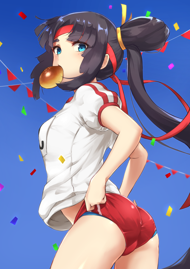 1girl ass bangs black_hair blue_eyes blue_panties blunt_bangs blurry blush bread colosseum commentary confetti day depth_of_field eyebrows_visible_through_hair fate/grand_order fate_(series) food food_in_mouth from_side gym_shirt gym_uniform headband long_hair looking_at_viewer looking_back mouth_hold name_tag outdoors p!nta panties panties_under_buruma parted_bangs pennant red_buruma shirt short_sleeves sidelocks solo thighs underwear ushiwakamaru_(fate/grand_order) white_shirt