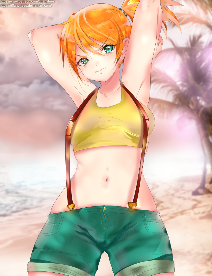 &gt;:( 1girl armpits arms_behind_head arms_up bare_arms beach clouds cloudy_sky collarbone crop_top day denim denim_shorts deviantart_username eyebrows_visible_through_hair green_eyes gym_leader hair_between_eyes head_tilt hips kasumi_(pokemon) looking_at_viewer medium_hair navel ocean orange_hair outdoors palm_tree patreon_username pokemon pokemon_(anime) shorts side_ponytail sky solo standing stomach suspenders tank_top tearing_up tiffany-tees tree unhappy upper_body watermark web_address