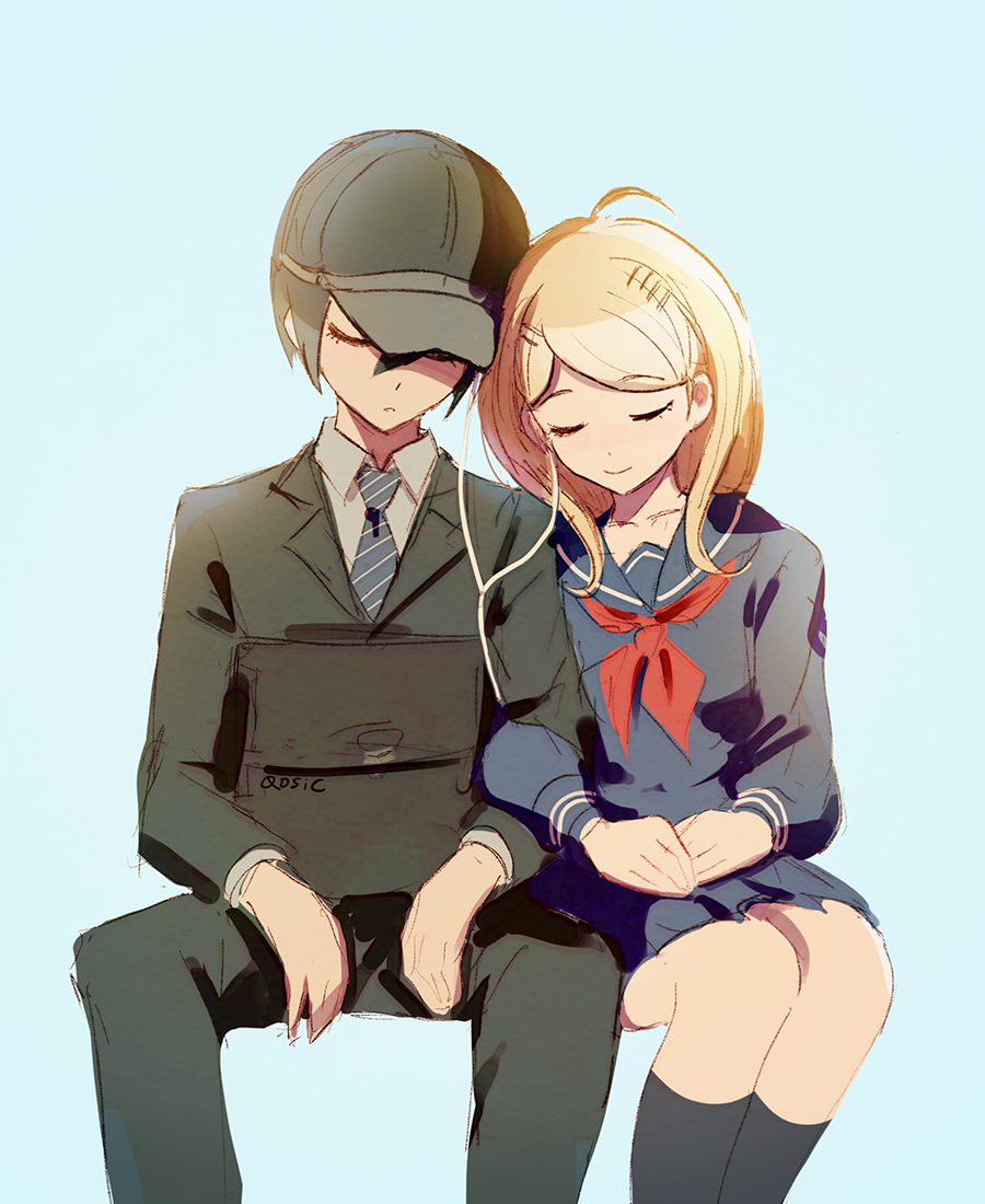 1boy 1girl akamatsu_kaede black_hair blazer blonde_hair blue_background closed_eyes couple dangan_ronpa earphones hair_ornament hairclip hat jacket kneehighs light_smile locked_arms miniskirt necktie new_dangan_ronpa_v3 qosic saihara_shuuichi school_uniform serafuku shared_earphones signature sitting skirt