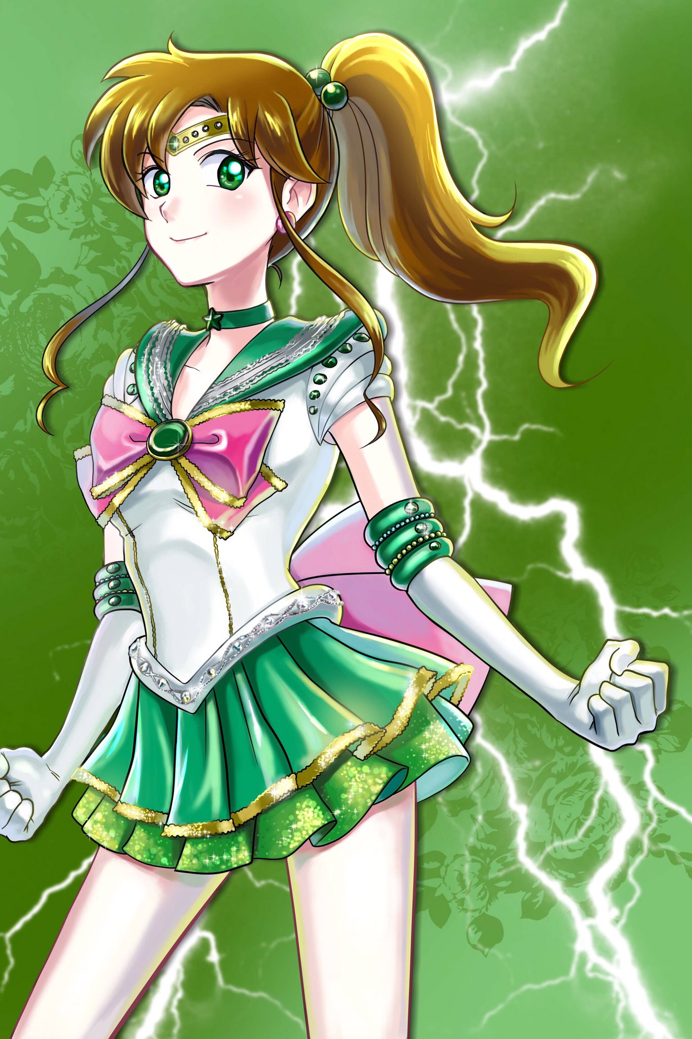 1girl bishoujo_senshi_sailor_moon bow brown_hair choker circlet clenched_hand closed_mouth elbow_gloves embellished_costume gloves green_background green_eyes green_sailor_collar green_skirt hair_bobbles hair_ornament high_ponytail highres kino_makoto light_smile long_hair magical_girl marimo_ill pink_bow pleated_skirt ponytail sailor_jupiter sailor_moon_musical skirt sparkle white_gloves