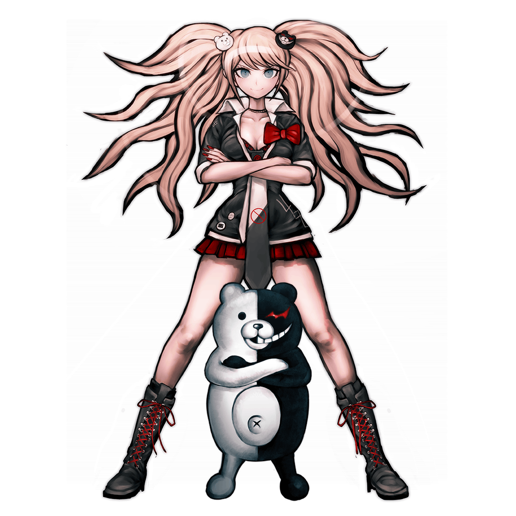 1girl bear_hair_ornament black_bra black_footwear black_jacket blue_eyes bow bra breasts choker cleavage collarbone crossed_arms dangan_ronpa dangan_ronpa_1 enoshima_junko floating_hair full_body hair_ornament high_heels jacket komatsuzaki_rui light_brown_hair long_hair looking_at_viewer medium_breasts miniskirt monokuma nail_polish necktie official_art pleated_skirt red_bow red_nails red_skirt shirt simple_background skirt smile spoilers standing underwear very_long_hair white_background white_shirt