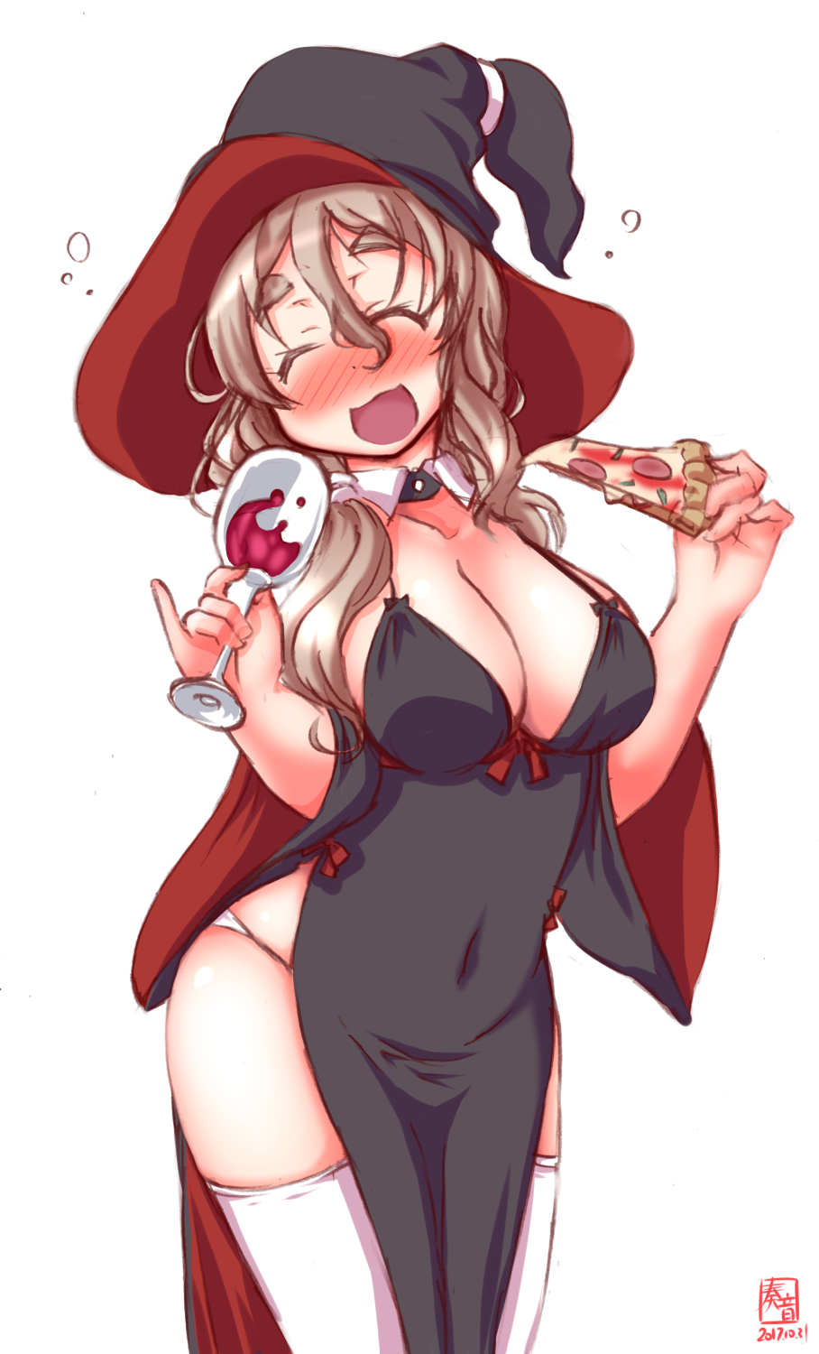 1girl alcohol black_dress blush breasts brown_hair cape cleavage closed_eyes cowboy_shot cup dated detached_collar dress drinking_glass drunk food highres kanon_(kurogane_knights) kantai_collection large_breasts logo long_hair medium_breasts open_mouth panties pizza pola_(kantai_collection) side_slit simple_background solo thigh-highs underwear wavy_hair white_background white_legwear white_panties wine wine_glass witch_hat