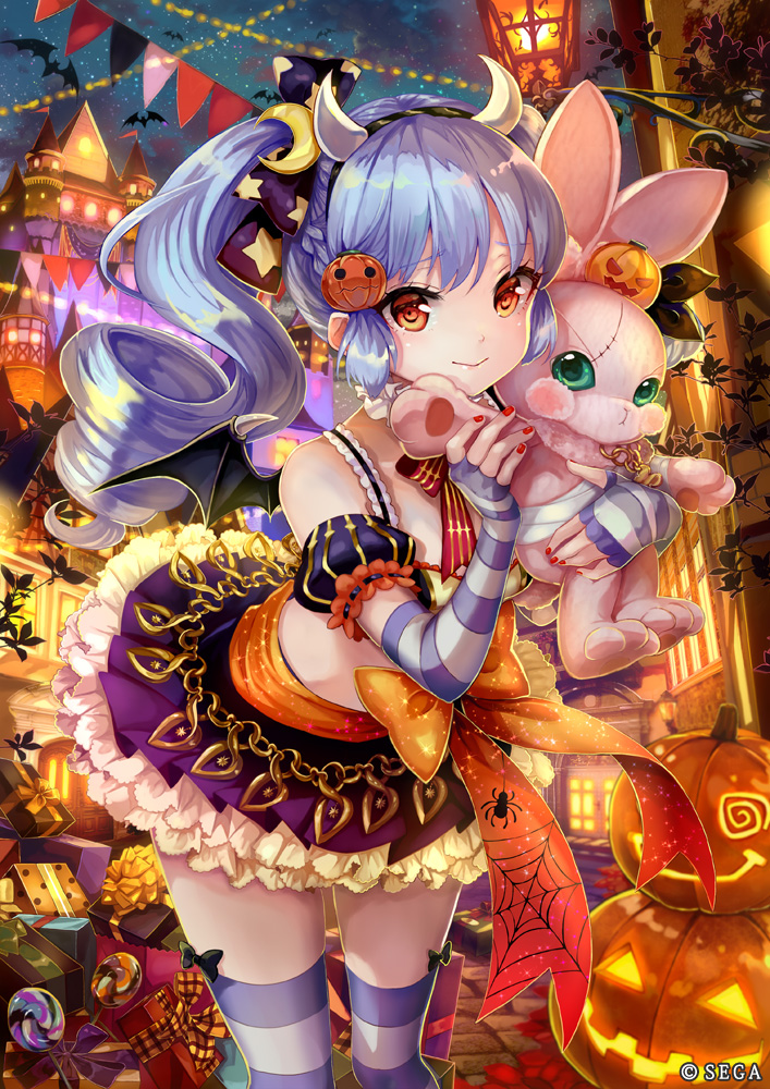 1girl blue_hair blush bow brown_eyes closed_mouth crescent crescent_hair_ornament drill_hair eyebrows_visible_through_hair fake_horns fake_wings hair_ornament halloween holding holding_stuffed_animal horns jack-o'-lantern long_hair looking_at_viewer nail_polish official_art orange_bow pisuke purple_legwear red_nails smile solo soul_reverse_zero striped striped_legwear stuffed_animal stuffed_toy thigh-highs twin_drills white_legwear wings
