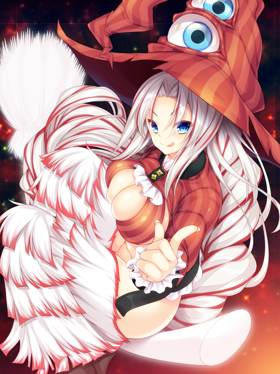 1girl :p beatmania beatmania_iidx blue_eyes breasts broom broom_riding cleavage drill_hair hat highres large_breasts long_hair looking_at_viewer multicolored_hair roshin silver_hair solo thigh-highs tongue tongue_out two-tone_hair witch_hat