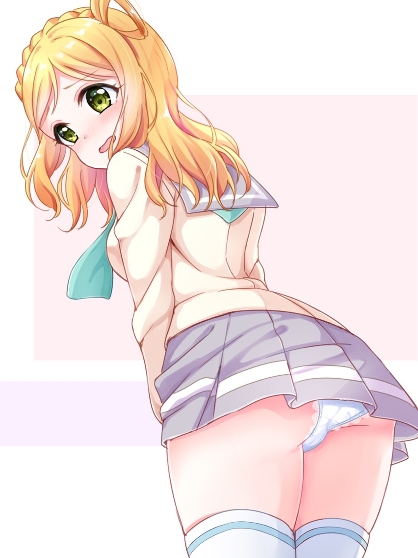 1girl ass bangs blonde_hair blush braid cowboy_shot crown_braid eyebrows_visible_through_hair from_behind from_below green_eyes green_neckwear grey_skirt hair_rings lace lace-trimmed_panties long_hair long_sleeves looking_down looking_to_the_side love_live! love_live!_sunshine!! neckerchief ohara_mari panties pantyshot pantyshot_(standing) parted_bangs pipette1223 pleated_skirt school_uniform serafuku skirt solo standing tareme thigh-highs thighs underwear upper_body white_background white_panties