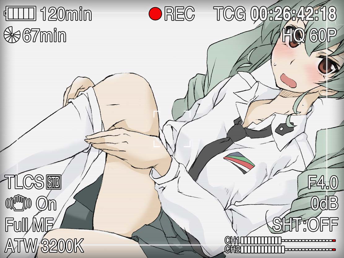 1girl anchovy anzio_school_uniform bangs black_neckwear black_ribbon black_skirt blush brown_eyes dress_shirt drill_hair dutch_angle elf_(stroll_in_the_woods) embarrassed emblem fake_screenshot girls_und_panzer green_hair hair_ribbon long_hair long_sleeves looking_at_viewer miniskirt necktie open_mouth pantyhose pantyhose_pull pleated_skirt pov ribbon school_uniform shirt sitting skirt solo sweatdrop twin_drills twintails undressing video_camera wavy_mouth white_legwear white_shirt