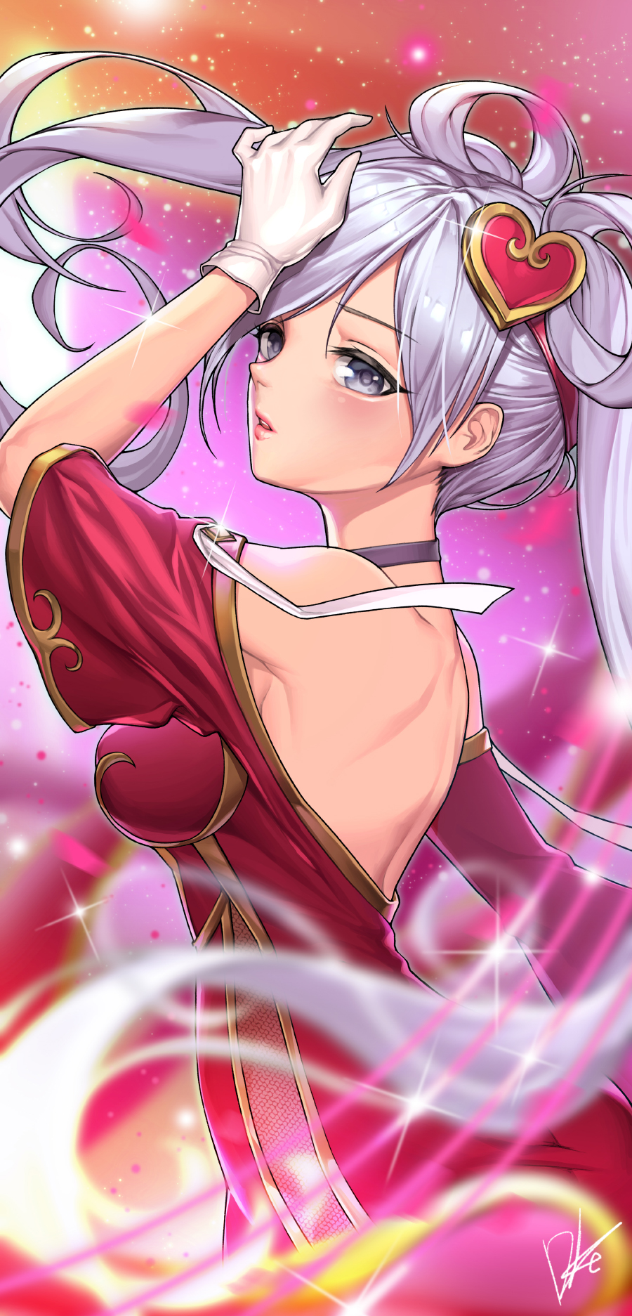 1girl artist_name blush breasts choker eyebrows_visible_through_hair gloves grey_eyes highres large_breasts league_of_legends lee_seok_ho long_hair looking_at_viewer parted_lips signature silver_hair sona_buvelle sweetheart_sona twintails white_gloves