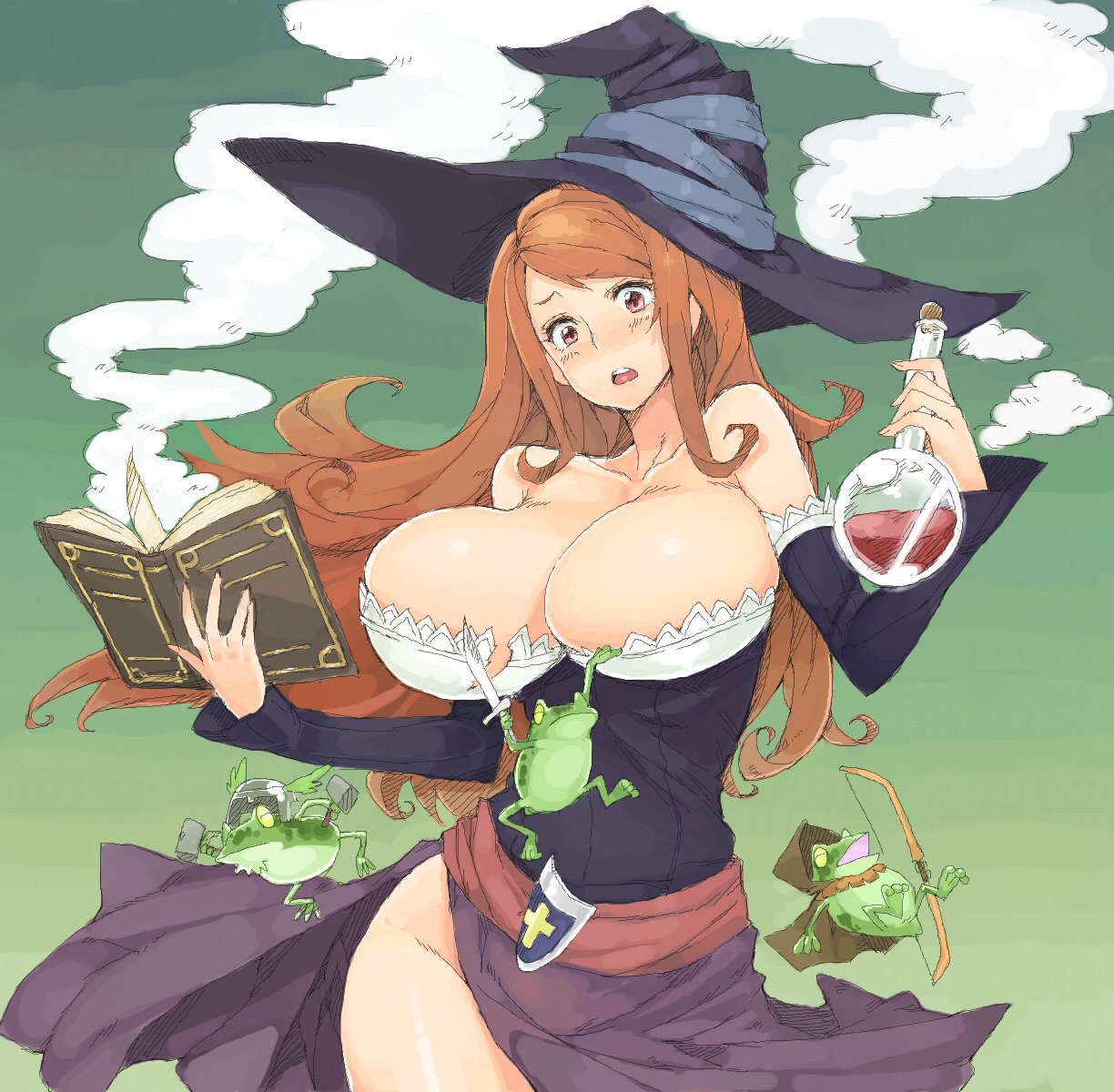 angelo_(gomahangetsu) bare_shoulders blue_ribbon blush book breasts brown_eyes brown_hair cleavage collarbone detached_sleeves dragon's_crown dress dwarf_(dragon's_crown) elf_(dragon's_crown) fighter_(dragon's_crown) flask frog green_background hat hat_ribbon highres hips huge_breasts long_hair looking_down open_book open_mouth purple_skirt ribbon sash skirt sorceress_(dragon's_crown) steam strapless strapless_dress transformation witch_hat