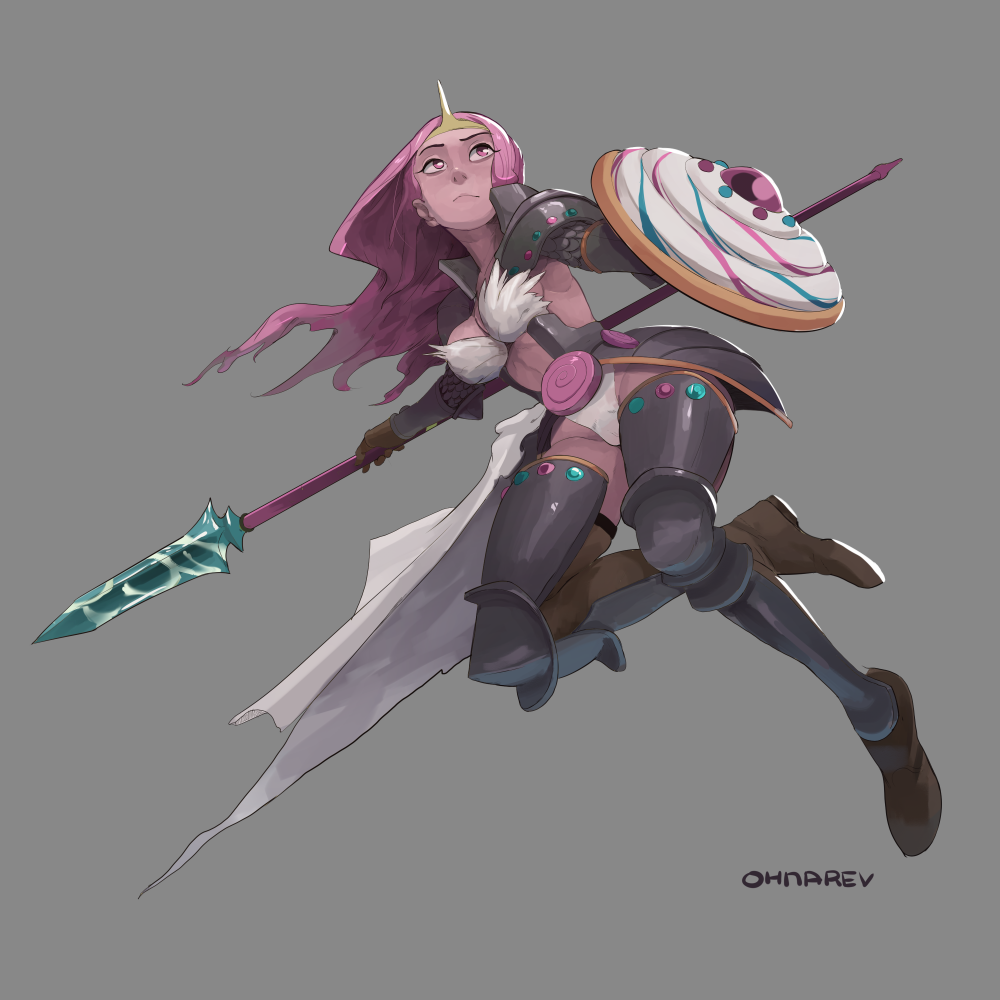 1girl adventure_time alternate_costume armor breasts commentary faulds full_body gauntlets greaves grey_background humanization long_hair medium_breasts ohnarev pauldrons pink_hair pink_skin polearm princess_bonnibel_bubblegum red_eyes shield showgirl_skirt solo spear thigh-highs tiara weapon