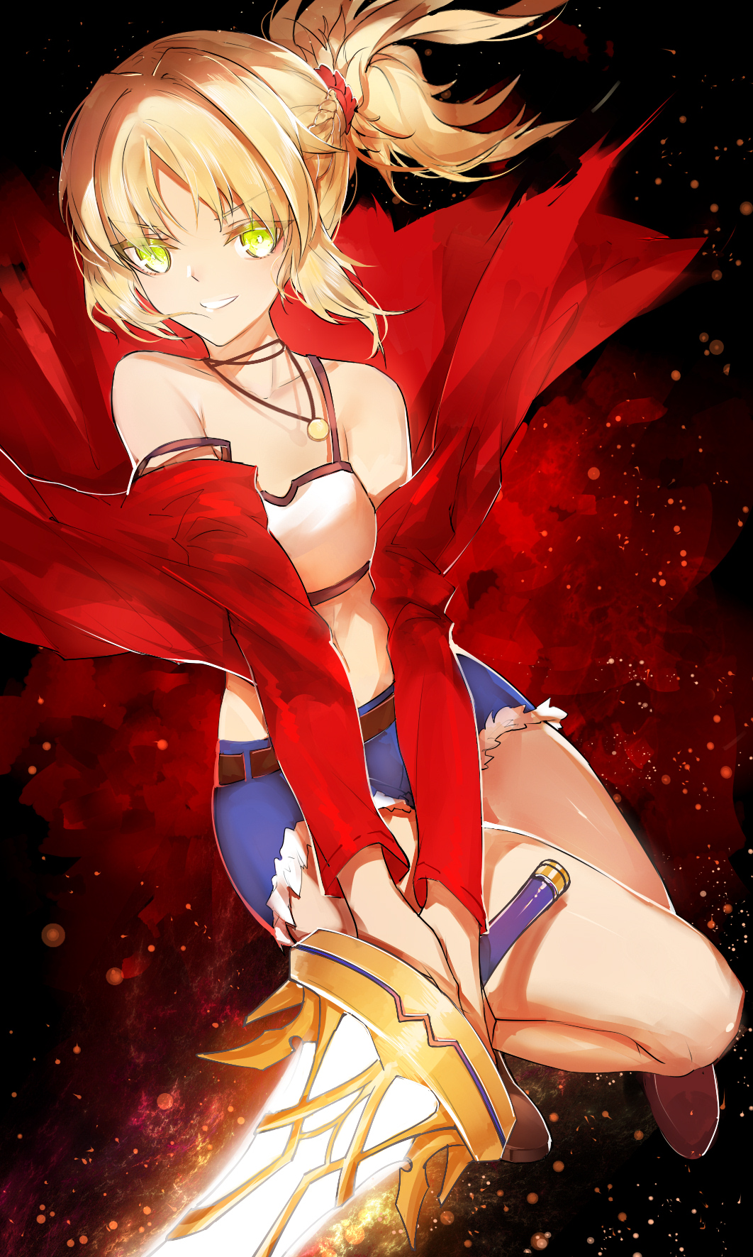 1girl blonde_hair blue_shorts collarbone crop_top excalibur eyebrows_visible_through_hair fate/apocrypha fate_(series) floating_hair full_body green_eyes hair_ornament highres holding holding_sword holding_weapon horz jewelry long_hair looking_at_viewer midriff navel necklace off_shoulder ponytail saber_of_red short_shorts shorts smile solo stomach sword weapon