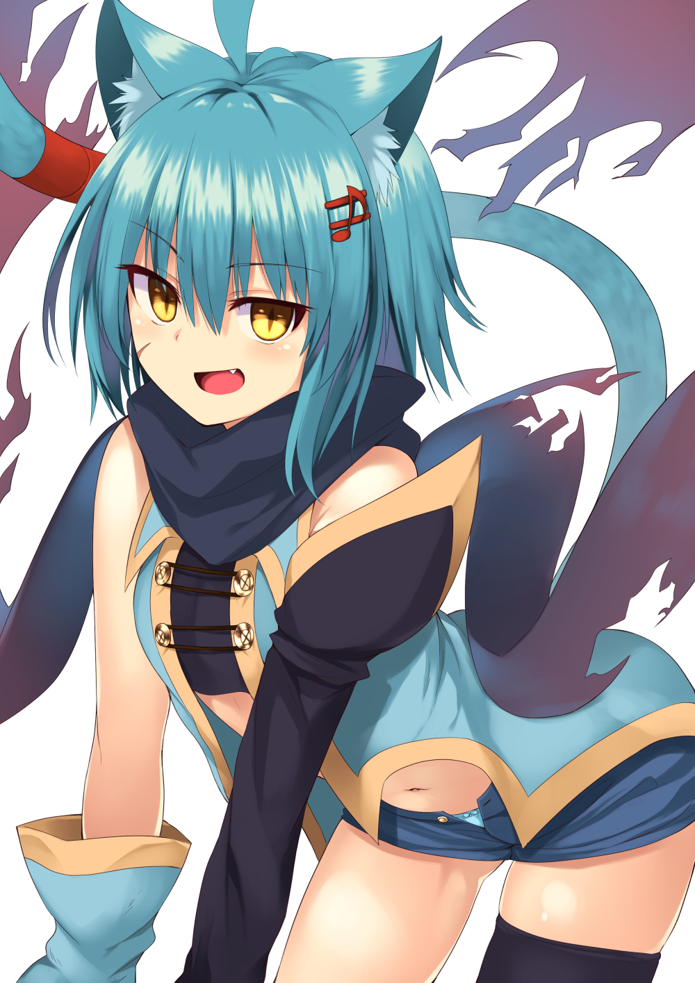 1girl :d ahoge animal_ears bangs bare_shoulders black_scarf blue_hair blue_panties blue_shirt blue_shorts cat_ears cat_tail commentary_request detached_sleeves eyebrows_visible_through_hair fang hair_between_eyes highres kemonomimi_mode leaning_forward looking_at_viewer mahcdai medium_hair mismatched_sleeves musical_note musical_note_hair_ornament navel open_fly open_mouth original panties planol_note quaver red_ribbon ribbon scar_on_cheek scarf shiny shiny_hair shirt short_shorts shorts simple_background single_thighhigh sleeveless sleeveless_shirt slit_pupils smile solo standing strapless tail tail_ribbon thigh-highs torn_clothes torn_scarf tubetop unbuttoned underwear white_background yellow_eyes