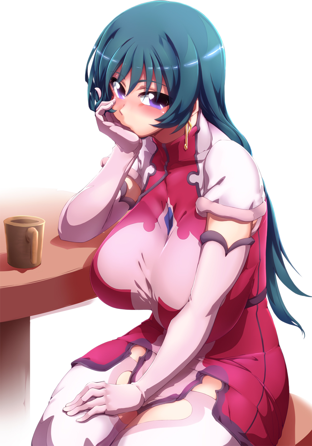 1girl blue_hair blush breasts chair commentary_request cup dress earrings elbow_gloves elbows_on_table eyebrows_visible_through_hair gloves hand_on_own_cheek highres jewelry kotona_elegance large_breasts legs_together long_hair pink_dress pink_gloves pink_legwear shiny shiny_hair short_dress simple_background solo table taut_clothes thigh-highs tokyo_(great_akuta) violet_eyes white_background zoids zoids_genesis