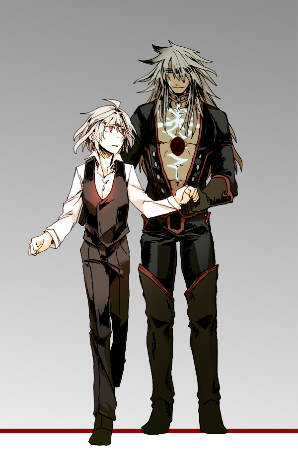 2boys ahoge bangs black_pants black_shirt fate/apocrypha fate/grand_order fate_(series) hand_holding long_hair long_sleeves male_focus mine_(odasol) multiple_boys open_clothes pants red_eyes saber_of_black scar shirt short_hair sieg_(fate/apocrypha) silver_background waistcoat yaoi
