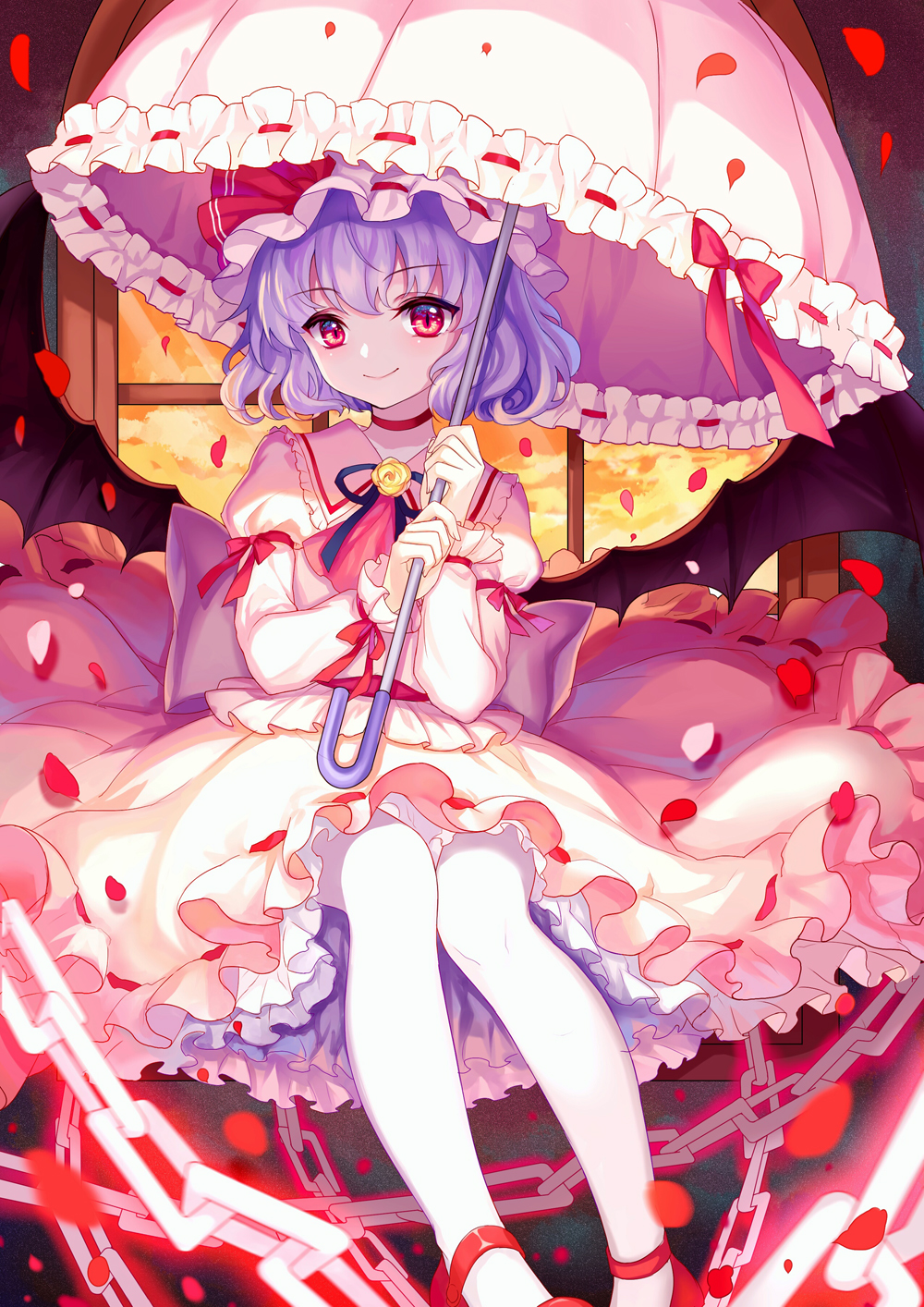 1girl blue_hair chains choker closed_mouth clouds hat hat_ribbon highres holding holding_umbrella indoors juliet_sleeves long_sleeves looking_at_viewer mirror_(xilu4) mob_cap pantyhose parasol petals petticoat pink_skirt puffy_sleeves red_eyes red_footwear red_ribbon remilia_scarlet ribbon ribbon_trim rose_petals shoes sitting skirt skirt_set smile solo touhou umbrella white_legwear window wrist_cuffs